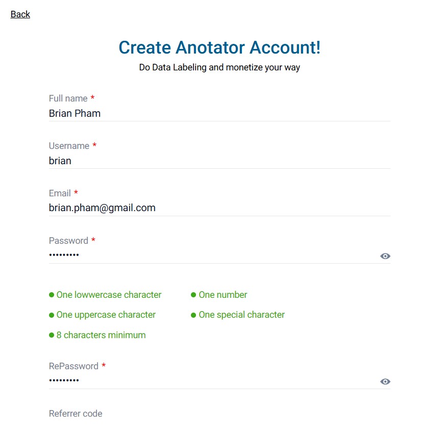 Annotator Account Creation Details Screen