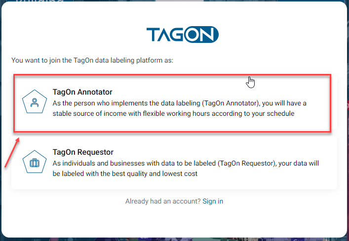 Annotator Account Creation Screen